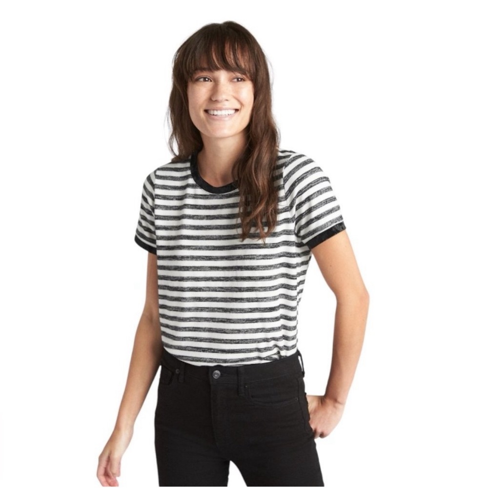 GAP Black and White Velvet Neck Line Striped Top